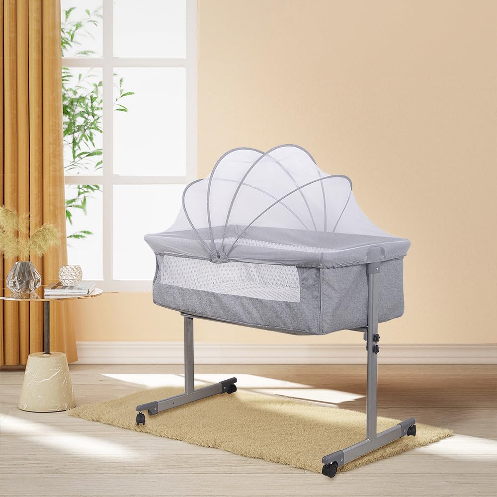 HUOLE Camita para niños hasta 25 kg 5 Regulación Gradual de la Altura 2 Ruedas para desplazar Organizador Mosquitera,Cuna Colecho 2 en 1, 96 * 57 * 77cm-Gris