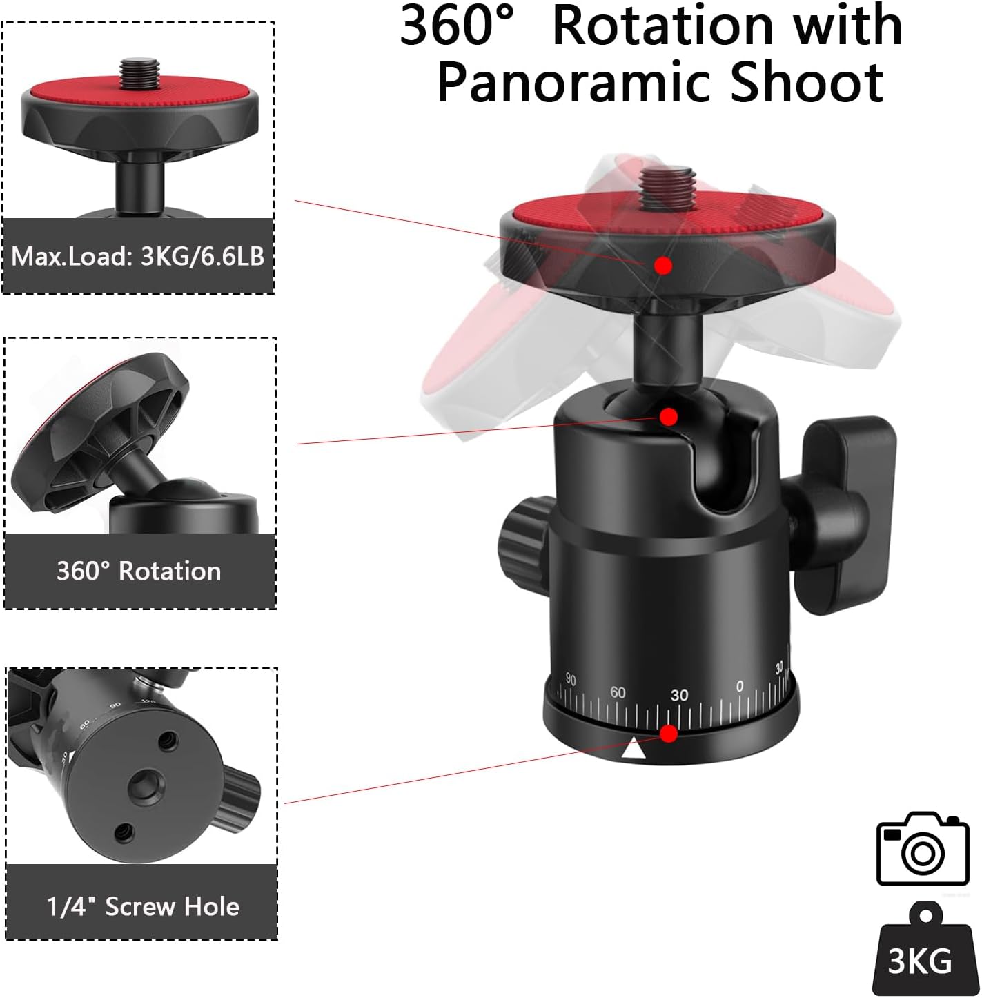 Mini Rotule Pivotante Pour Trépied - Rotation 360° Horizontale Et 90° Verticale - Charge Max 1,4 Kg - Filetage 1/4" - Pour Appareils Photo, Projecteurs, éclairage