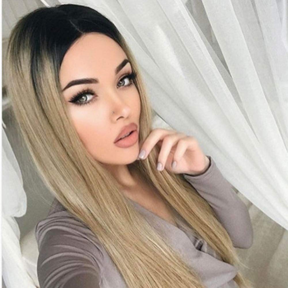 Perruque cheveux longs raides dégradé noir marron synthétique pour femme