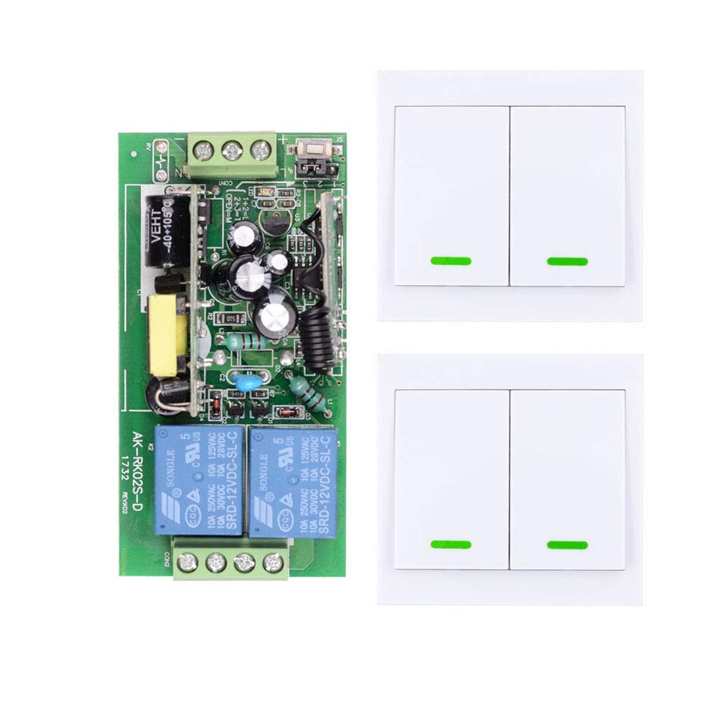 Interruptor de 2 canales con receptor/mando a distancia inalámbrico, mando a distancia, pantalla LED, interruptor de luz con dos interruptores de pared, para exterior, interior, jardín
