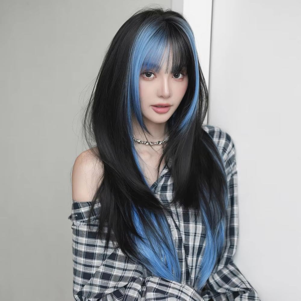 Haarpflege Lange Gerade Geschichtete Schwarze Blaue Perücke Für Frauen Bescheidene Wear and Go Perücken Mit Ordentlichem Pony