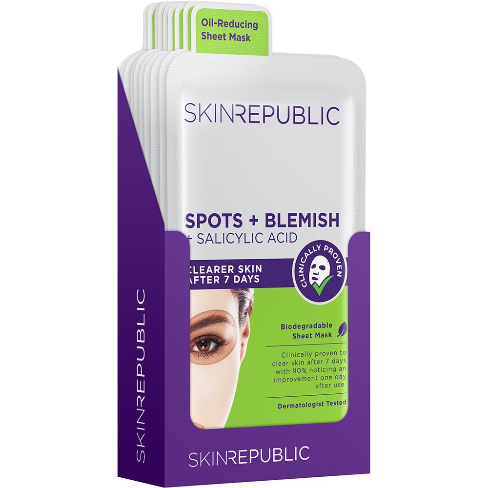 Skin Republic Spots + Blemish Tuchmaske – Anti-Pickel Gesichtsmaske mit Salicylsäure & Teebaum, klinisch bewiesen klarere Haut nach 7 Tagen, porenreinigend & entzündungshemmend, 10er Pack (10 Stück)