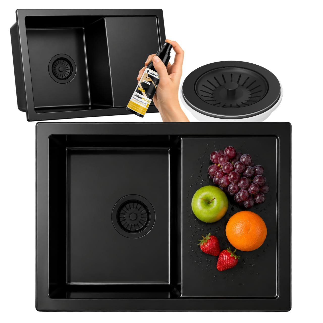 Granitan Spülbecken mit Siphon 65 x 50, Schwarz | Küchenspüle, Ausgussbecken, Spüle mit Armatur Set, für Garage Keller Werkstatt und Waschküche, Universal Waschtrog