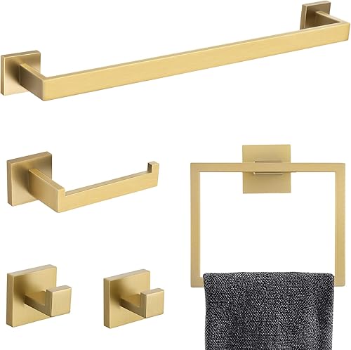 TNOMS Juego de toallas de baño de oro cepillado, 5 piezas de accesorios de baño dorados, soporte de toalla montado en la pared de acero inoxidable