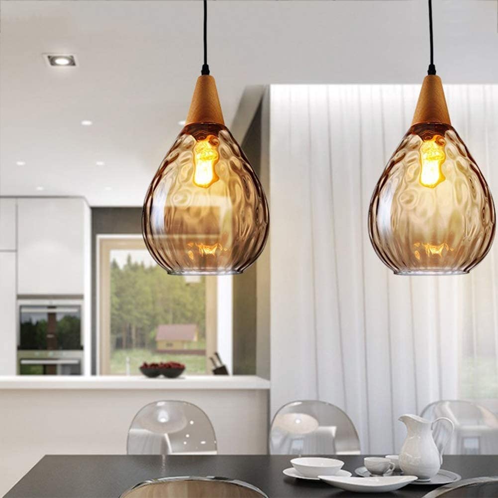 Suspension créative Goutte d'eau, Lampe Suspendue en Bois avec Abat-Jour en Verre en Forme de Larme, luminaire E27, Lustre de Salle à Manger, Lampes à Suspension industrielles rétro pour îlot