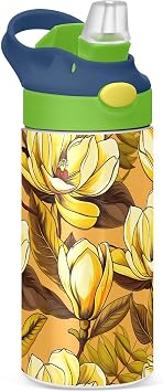 Magnolia Flower Leaves Amber Insulated Stainless Steel Water Bottle for Kids Toddlers Steel Cup with Straw & Handle Kids Water Bottle for Travel Sports Gym Boys Girls School Office