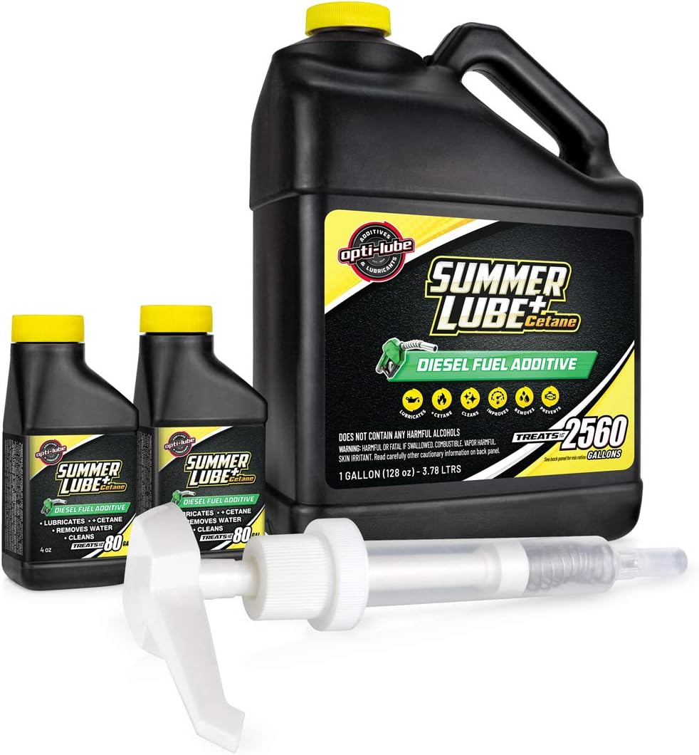 Opti-Lube Summer+ Cetane Formula Diesel Fuel Additive: 1 Gallon with Accessories (HDPE Plastic Hand Pump and 2 Empty 4oz Bottles) Treats up to 2,560 Gallons