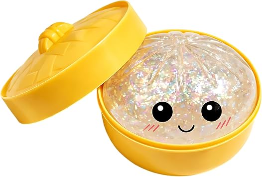 White Glitter Dumpling Squishy with Steamer Basket, Sparkling Dim Sum Style Squeeze Object, Sensory Desktop Accent Piece, Calming Touch Item for Home or Office