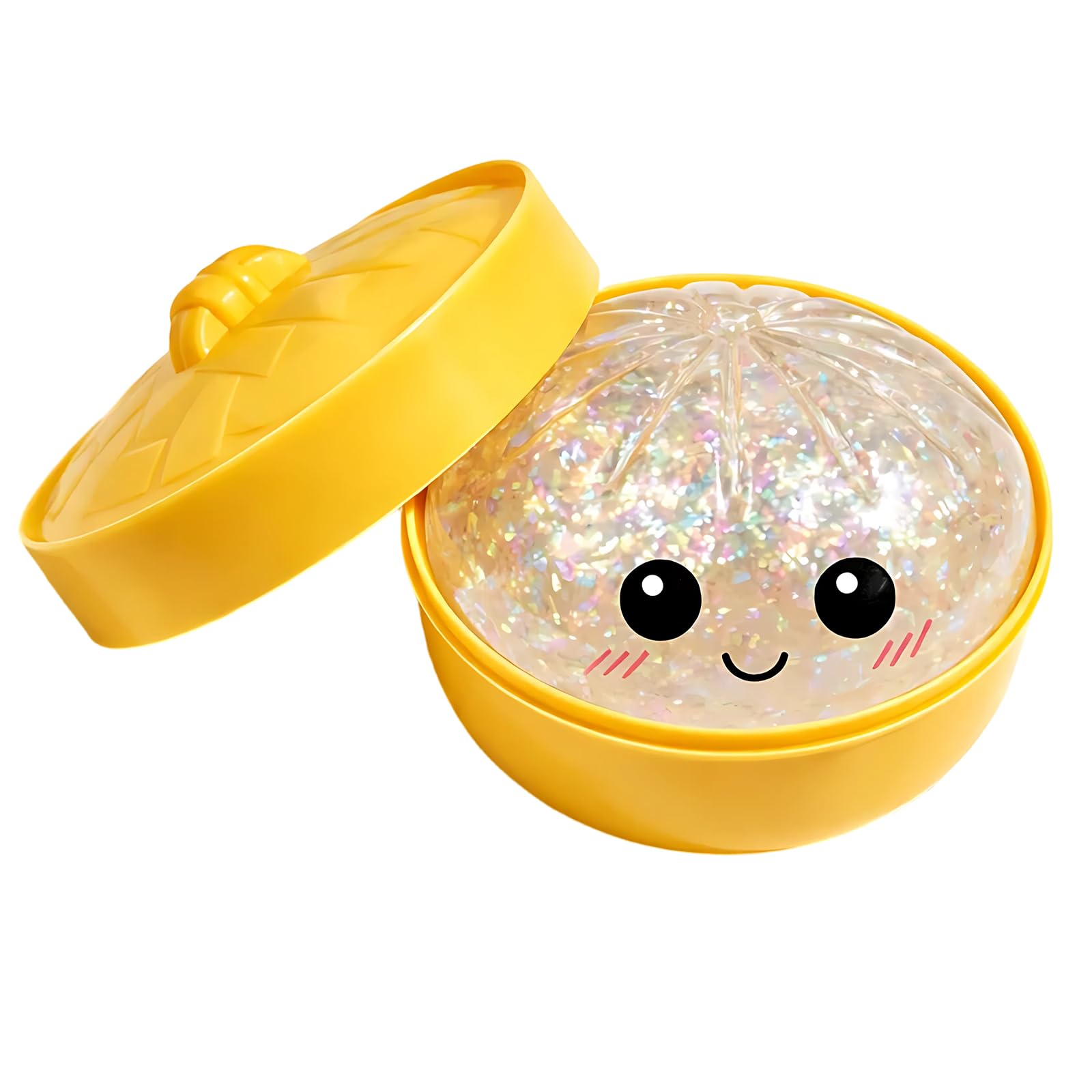 White Glitter Dumpling Squishy with Steamer Basket, Sparkling Dim Sum Style Squeeze Object, Sensory Desktop Accent Piece, Calming Touch Item for Home or Office