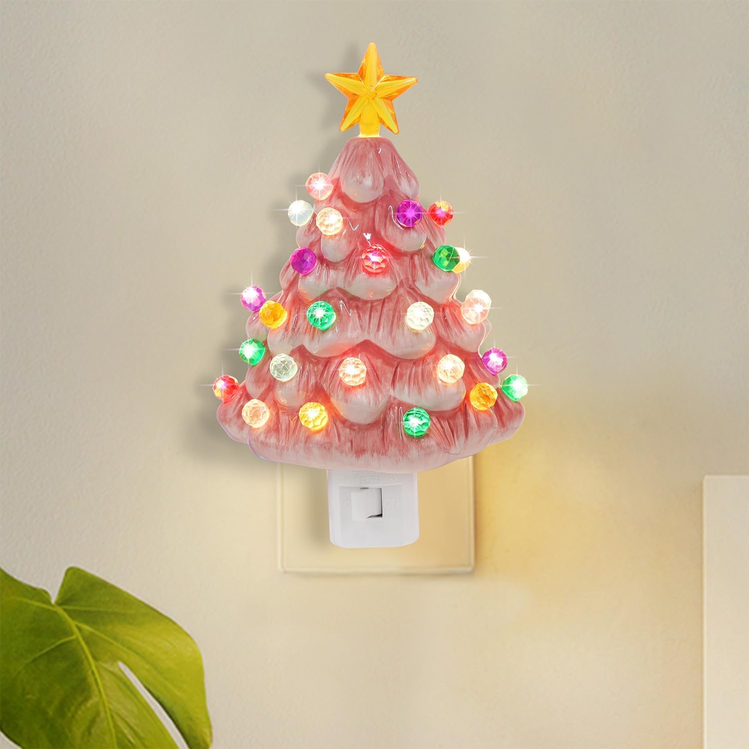 Hausse Pink Christmas Tree Night Light, Decorative Ceramic Xmas Tree Nightlight with Lamp for Kids, Multicolor Bulbs & 360 Degree Swivel Plug with On/Off Switch for Kitchen Bathroom Bedroom Decor