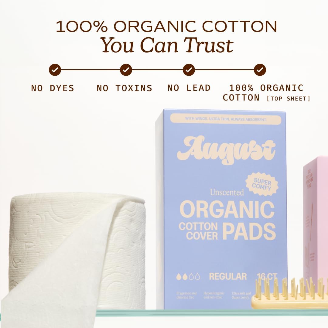 August Regular Cotton Menstrual Pads, 72-Pack Ultra Thin Pads with Wings, Hypoallergenic Sanitary Napkins with Organic Cotton Topsheet, Compostable Wrappers, Toxin Free, Fragrance Free