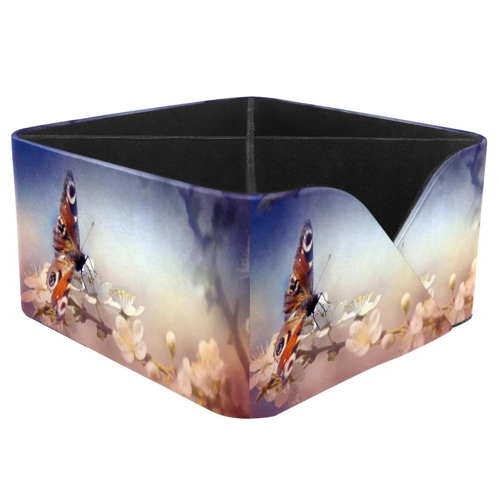 KengjuTesu Pear Blossom and Butterfly Desktop Organizer Pen Holder, Rectangular Pencil Cup for Office, Study and Makeup Stations