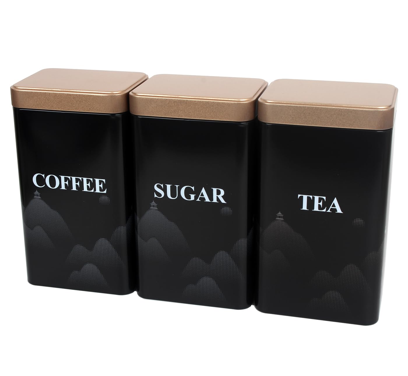 Pykrudo 1100ml Tea Coffee Sugar Canisters, 3 Piece of Black Metal Square Food Storage Tin with Lids, Dry Food Storage Containers for Tea Coffee & Sugar