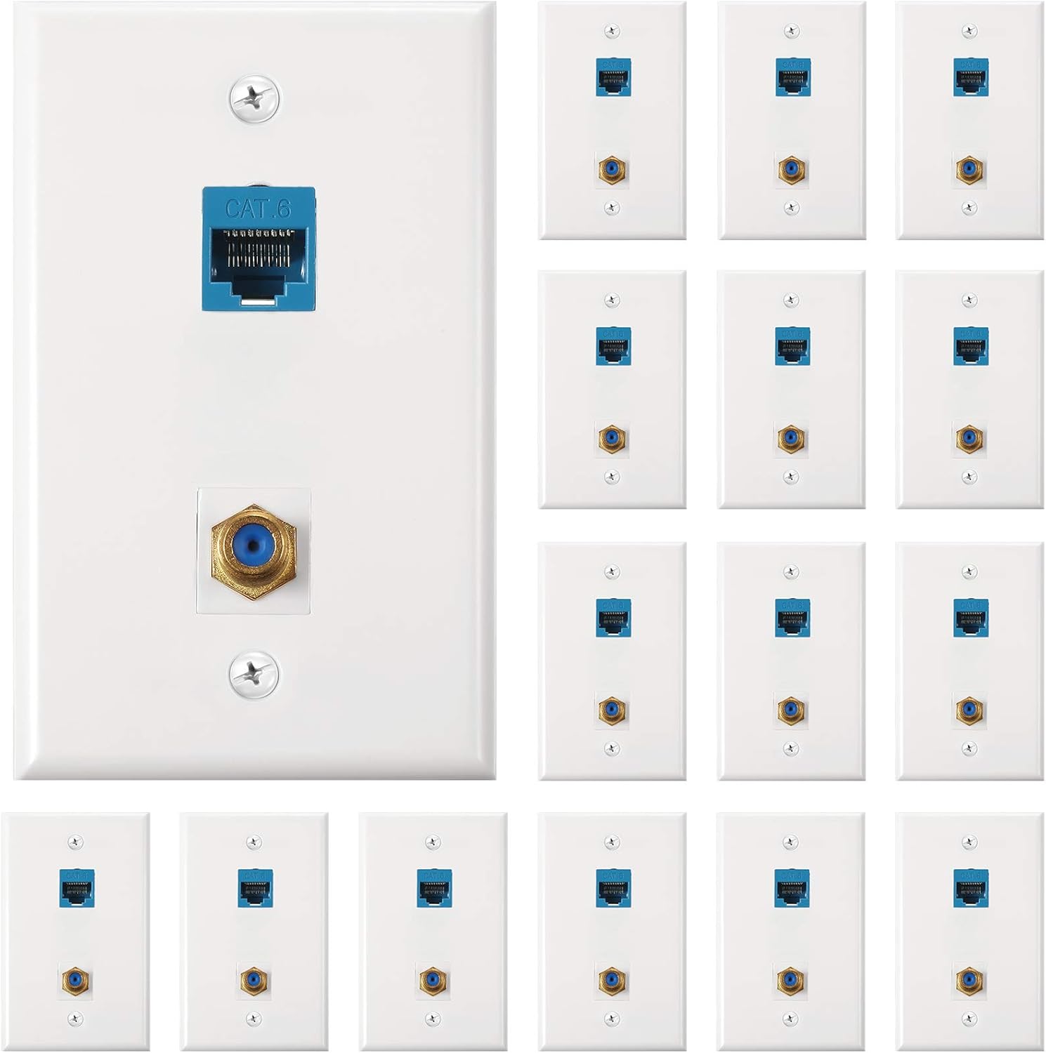 Weewooday Cat 6 Ethernet Wall Plates, Cat 6 Coax Wall Plate with Ethernet Port and Gold-plated TV Coax F-type Port(Blue,16 Pieces)