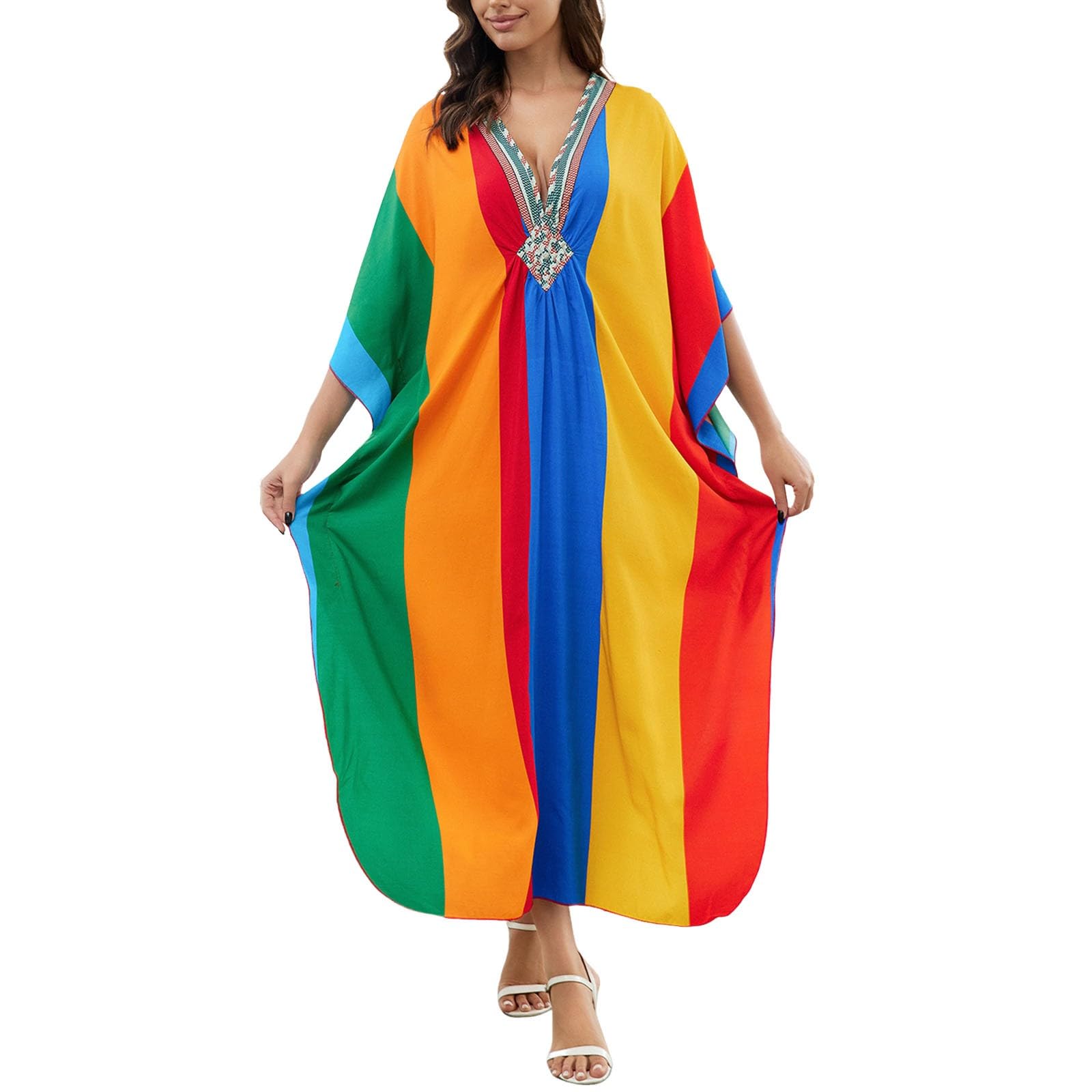 Caftano da donna in stile bohémien, maxi cardigan oversize, abito da spiaggia, abito lungo, kimono, costume da bagno, copricostume estivo, poncho da spiaggia, costume etnico tradizionale