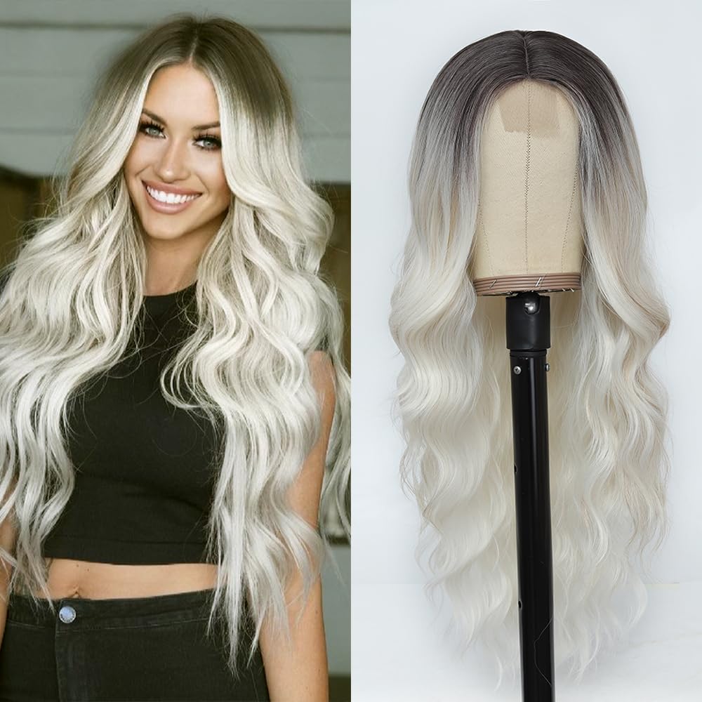HMHIFI Long Platinum Blonde Wigs for Women 26inch Wavy Curly Middle Part Lace Wig Upgraded Protein Fiber Hair Replacement Wig Cosplay Costume