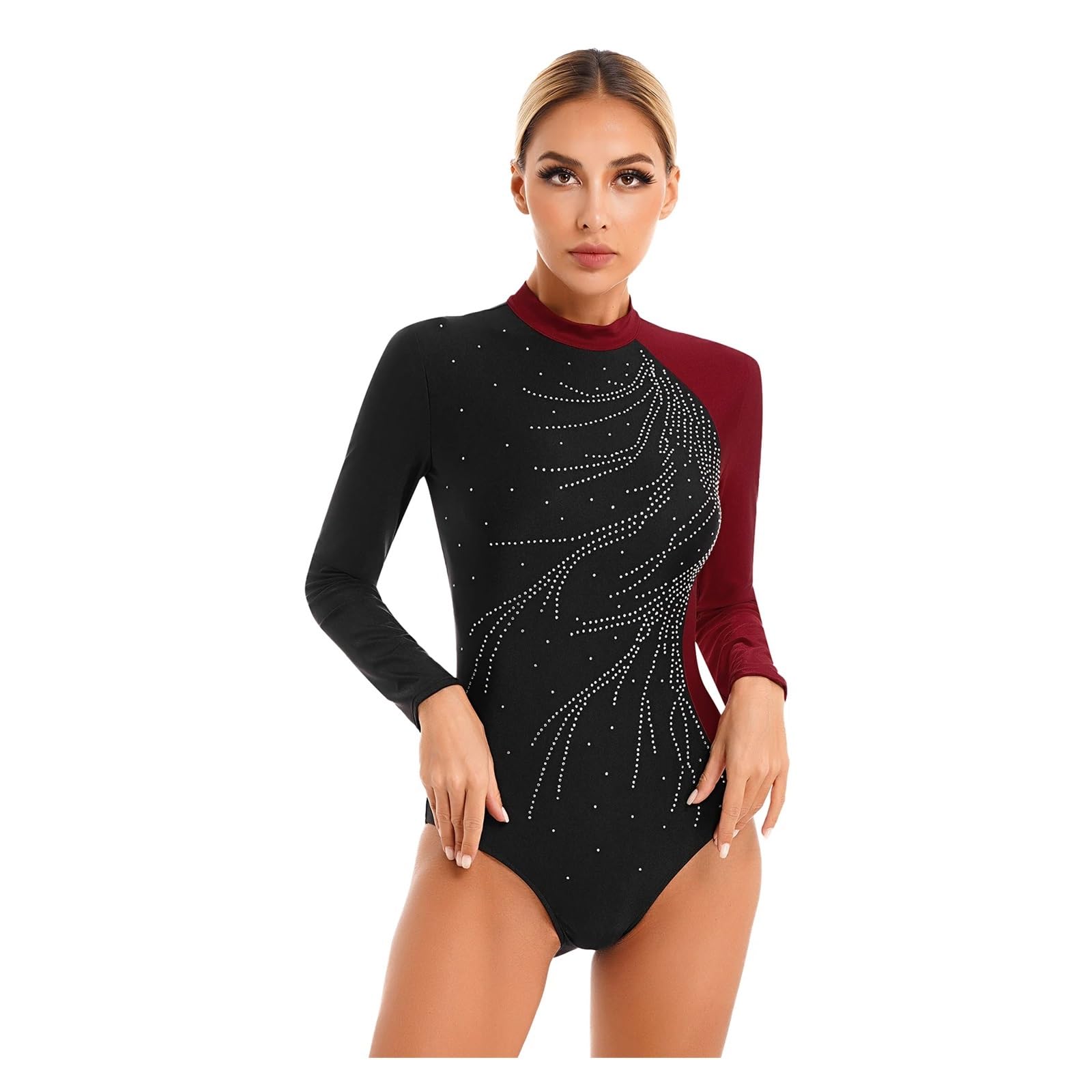 Ballet Adulto Mallot de Danza Traje de danza y gimnasia con purpurina for mujer, traje de patinaje artístico, leotardo de manga larga con cuello alto y bloques de color, leotardo de ballet(Blue B,S)