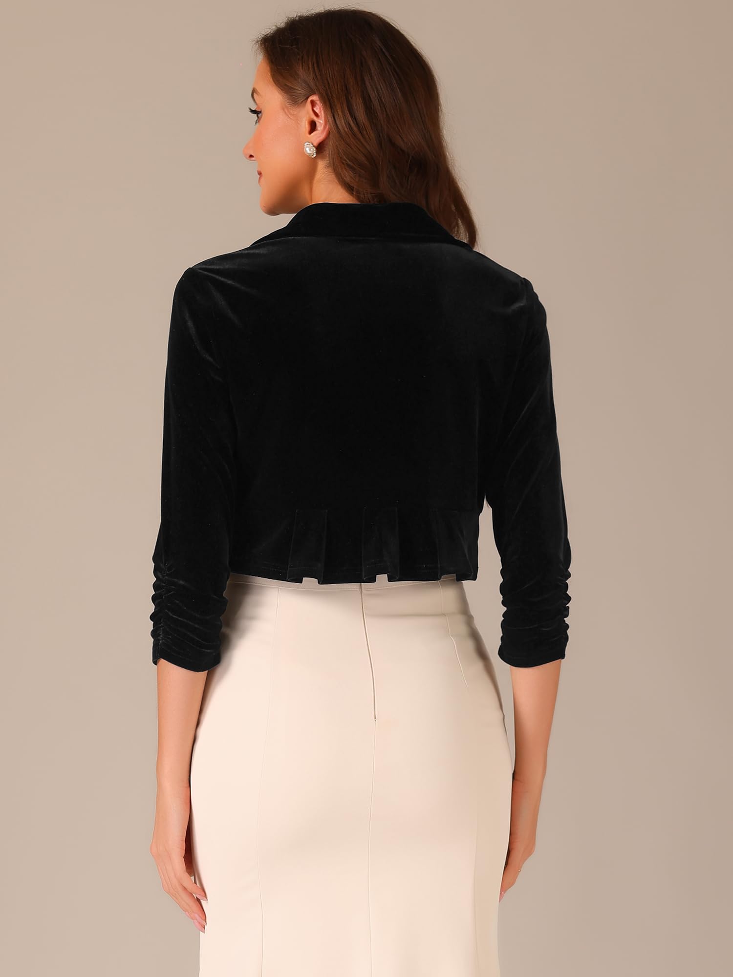 Allegra K Femme Gilet Velours Manches 3/4 Ouvert Devant Court