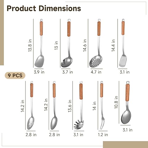 Miniatura 4 de 9 utensilios de cocina de acero inoxidable, juego de utensilios de cocina con Hanlde de madera, incluye espátula de acero inoxidable 304, cucharón y