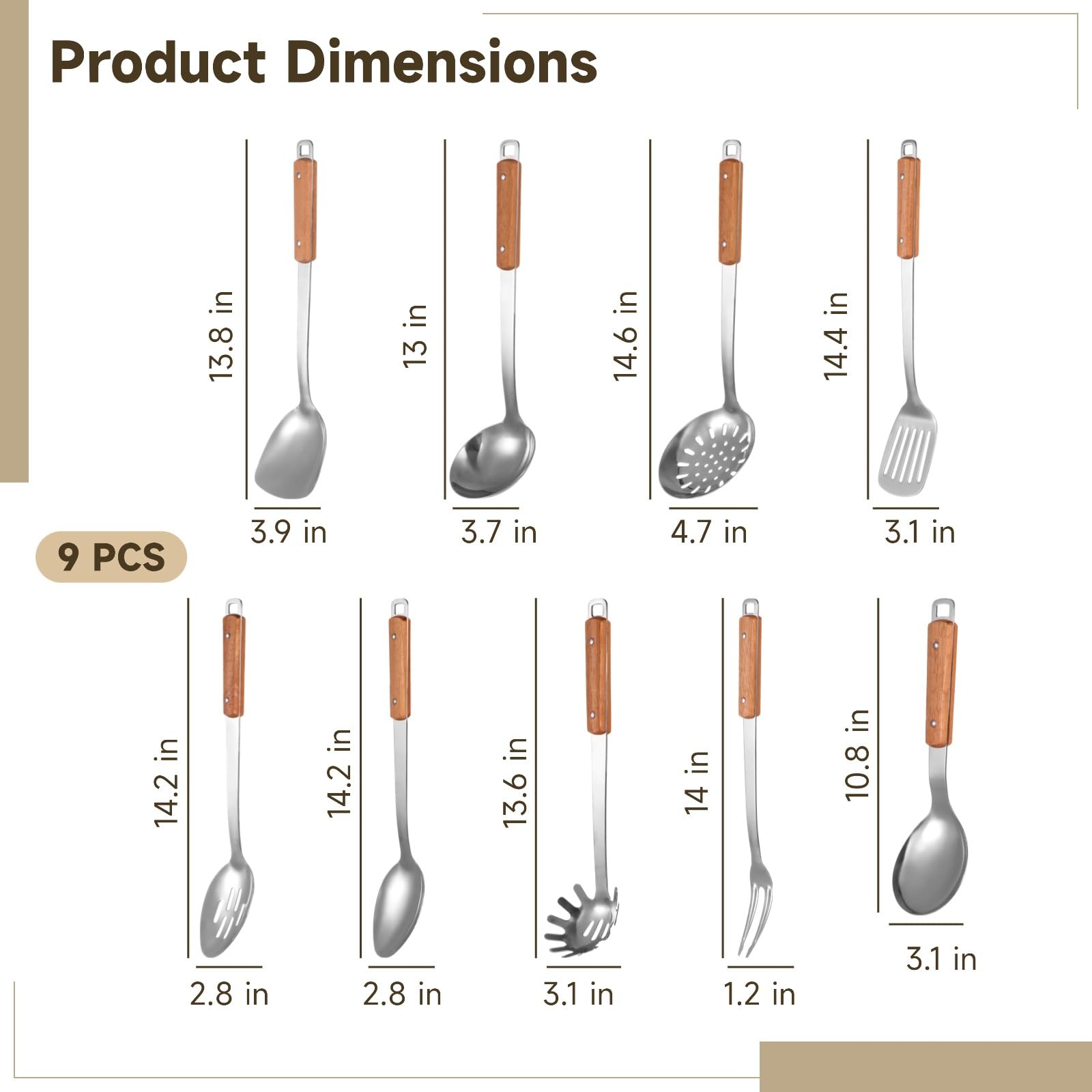 9-teiliges Küchenutensilien-Set aus Edelstahl mit Holzgriff, inklusive Pfannenwender, Schöpfkelle und Schaumlöffel, Metall-Kochutensilien zum Kochen, Servieren und Mischen