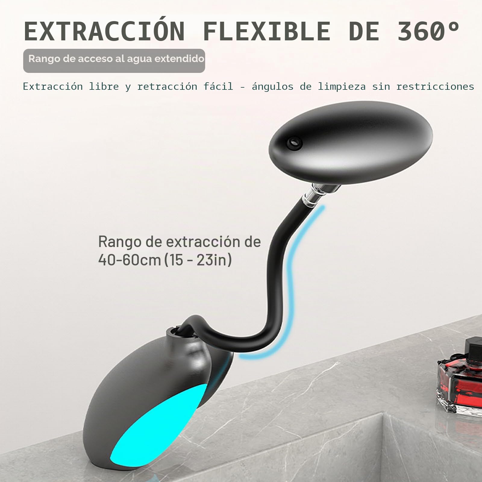 Grifo de baño extensible con iluminación multicolor, 4 modos, giratorio 360°, extensible, cartucho de cerámica, grifo de baño con conector de 3/8 pulgadas (gris unmetal)