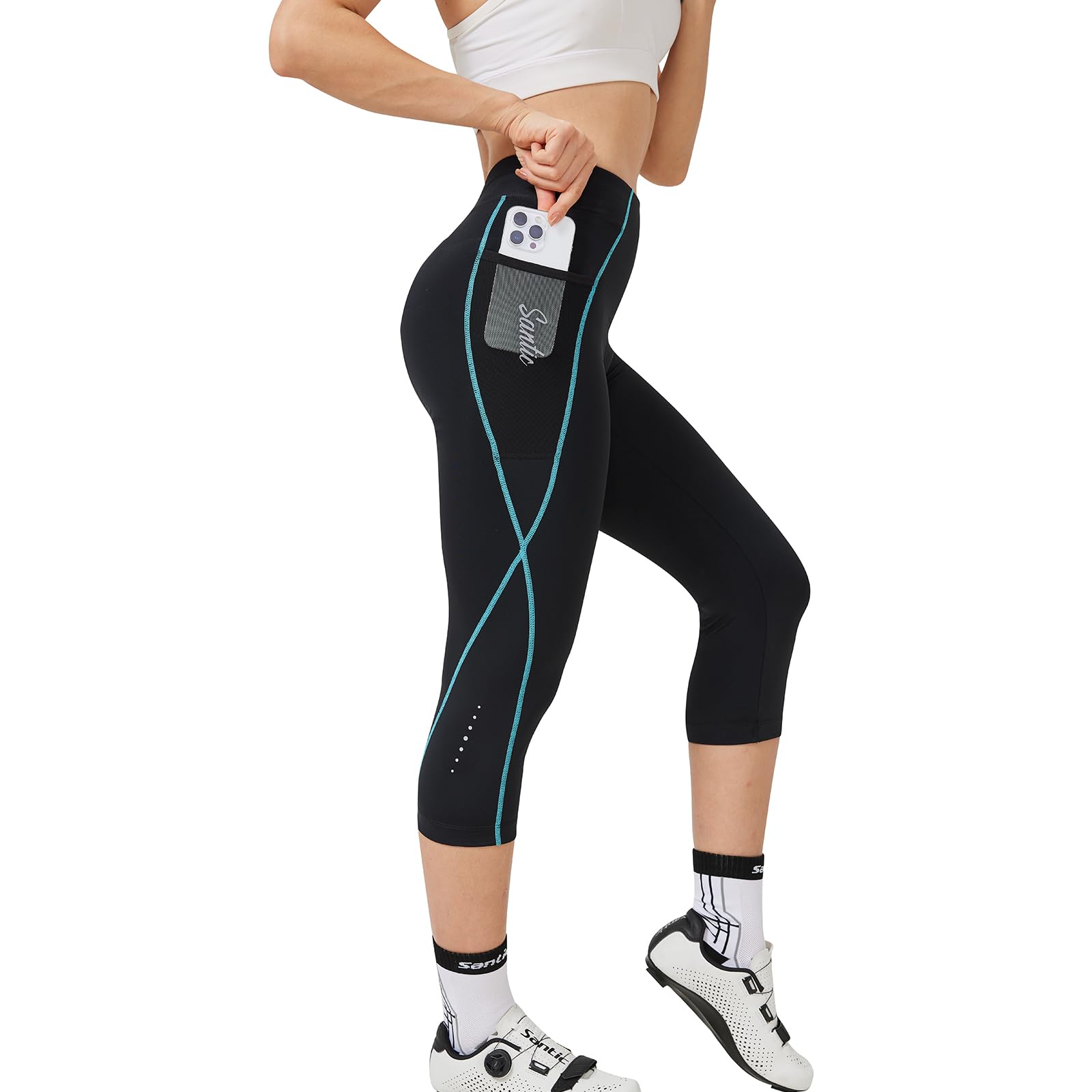 Santic Pantalon Cycliste Femme Rembourré Pantalon Velo 3/4 Short Cyclisme UPF+ Anti-bactérien et Respirant