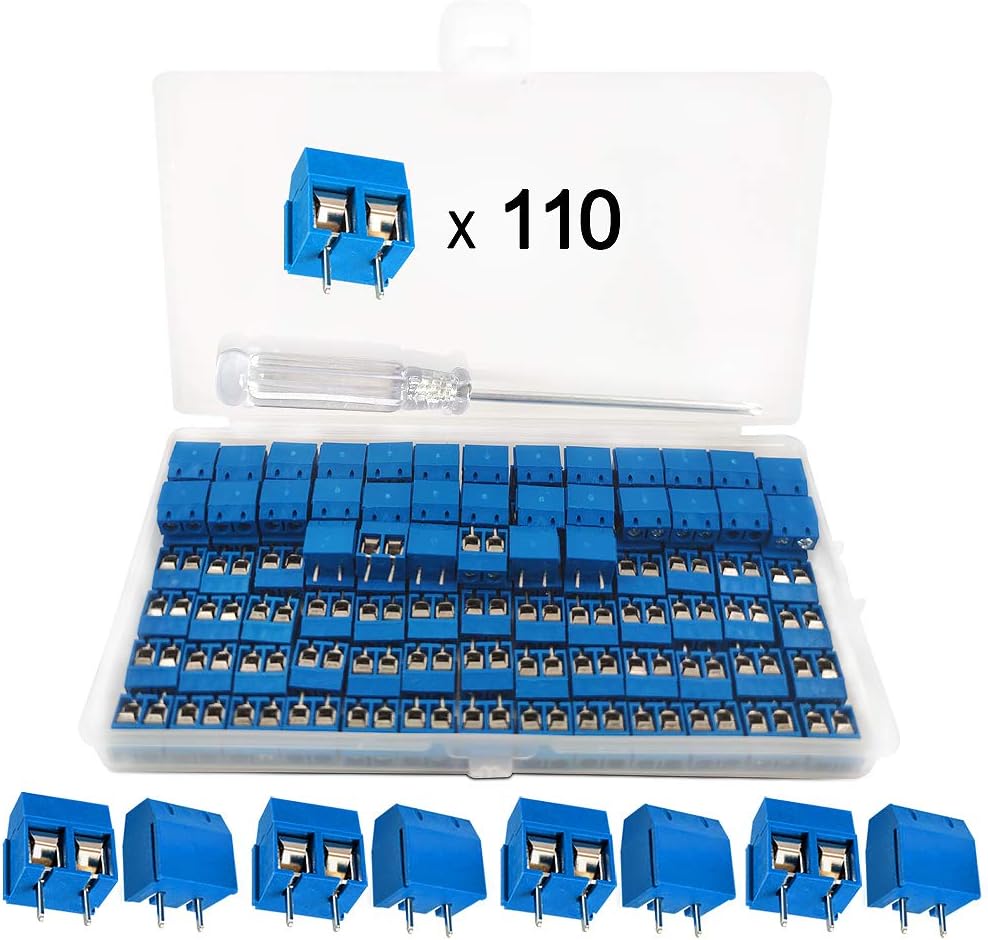 YIXISI 110 PCS Universal PCB Board Kit, 5mm Pitch 2 Pin PCB Mount Screw Terminal Block Connector for Arduino