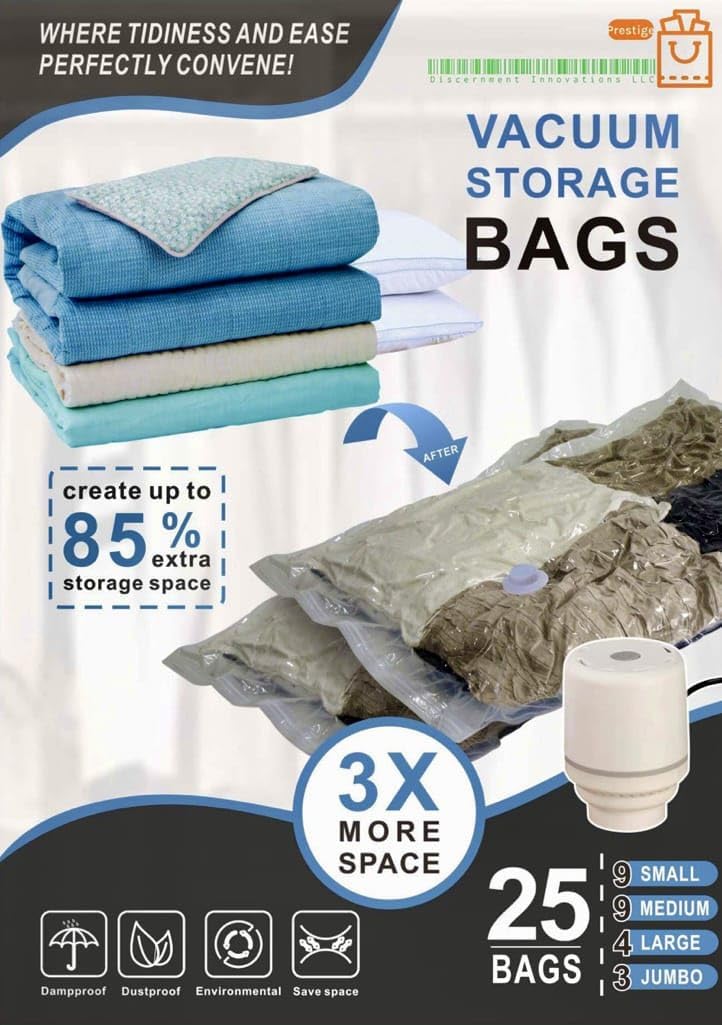 25 Pack Vacuum Storage Bags, Space Saver Bags (9 Small / 9 Medium / 4 Large /4 Jumbo