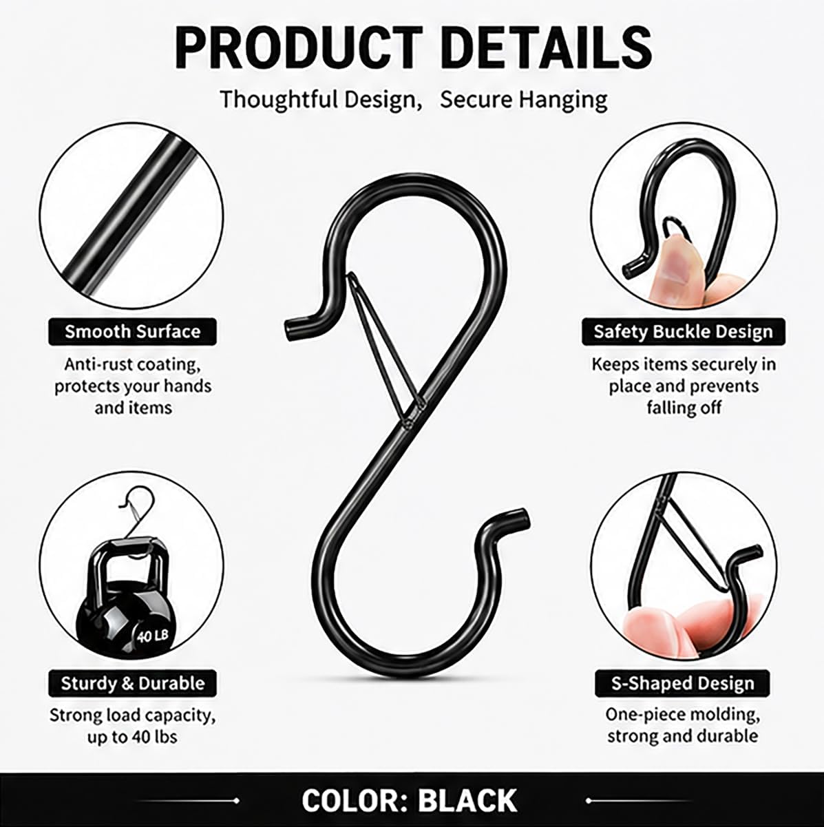 S Hooks for Hanging, Heavy Duty with Safety Buckle Design, S Shaped Utility Hooks for Kitchen Utensil, Pans, Closet Rod, Bags, Purse, Plants, Hooks for Hanging Pots (6, Black) image 2