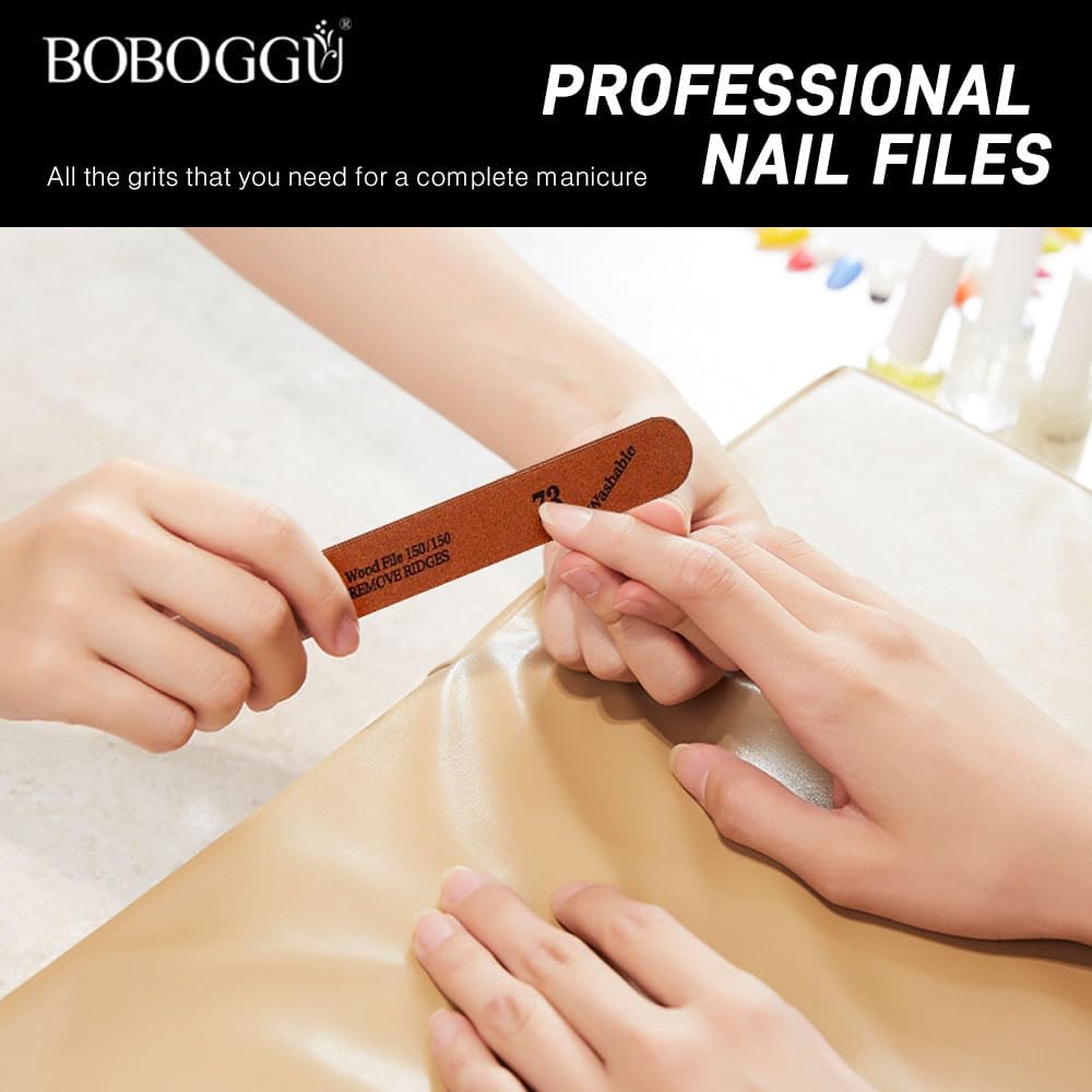 BOBOGGU 73 Korean Professional Wooden Nail Files 25PCS Double Sided Emery Board (150/150 Grit) Reusable Washable Durable Suitable for All Kind of Nails, Brown Color