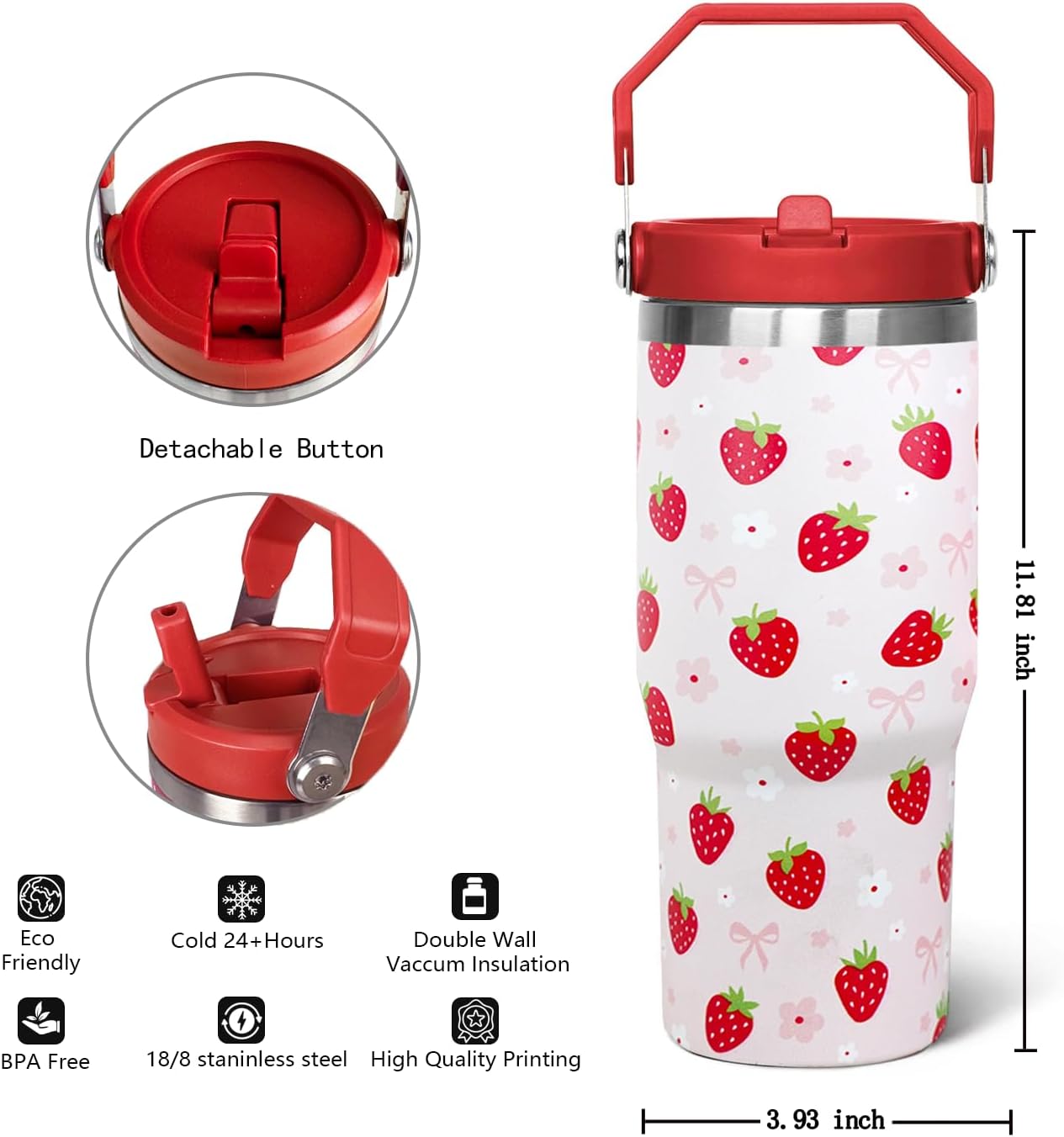 30oz Strawberry Flip Tumbler With Handle Lid and Straw,Strawberry Floral Coffee Mug Cup Water Bottles,Strawberry Themed Gifts for Women，Strawberry Decor Stuff Accessories - Image 2