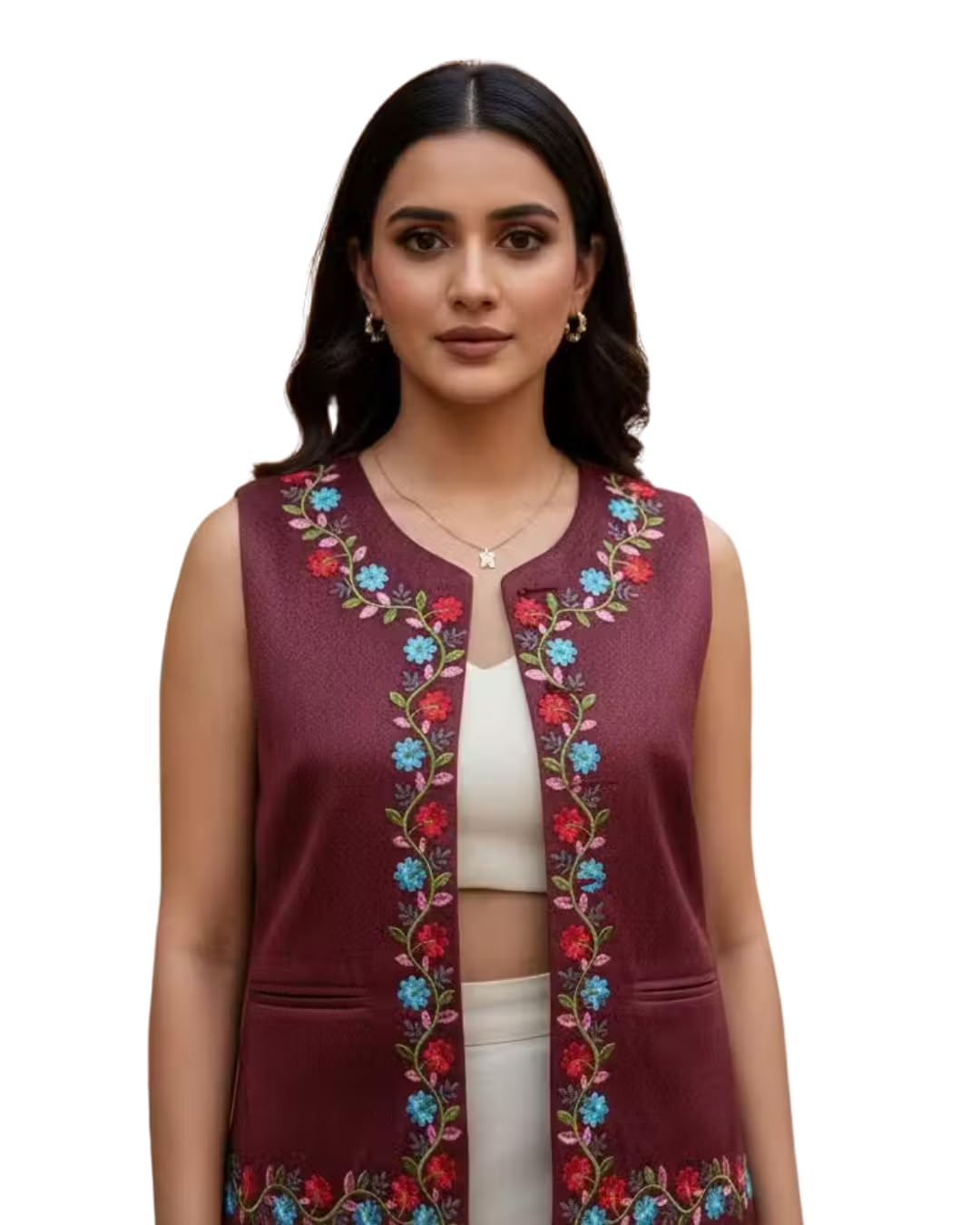 Women's Sleeveless Embroidered Silk Blend Jacket, Dark Teal with Floral Pattern, Traditional Ethnic Vest, Hip Length