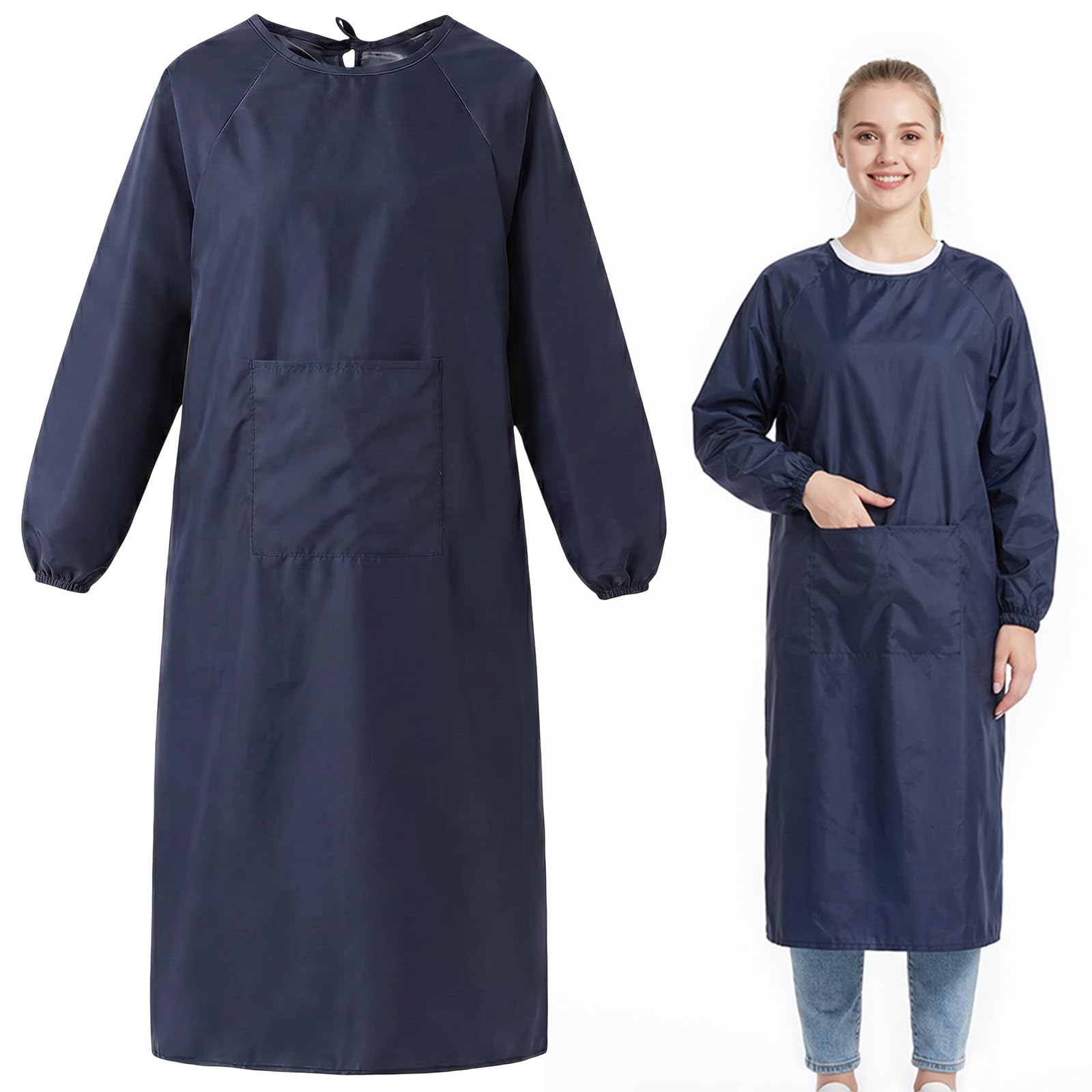 120 cm Malkittel Erwachsene Wasserdicht, Küchenschürze mit Tasche, Malschürze Erwachsene Unisex Arbeitskittel zum Kochen, Gärtnern, Haustierpflege und Reinigen, Dunkelblau
