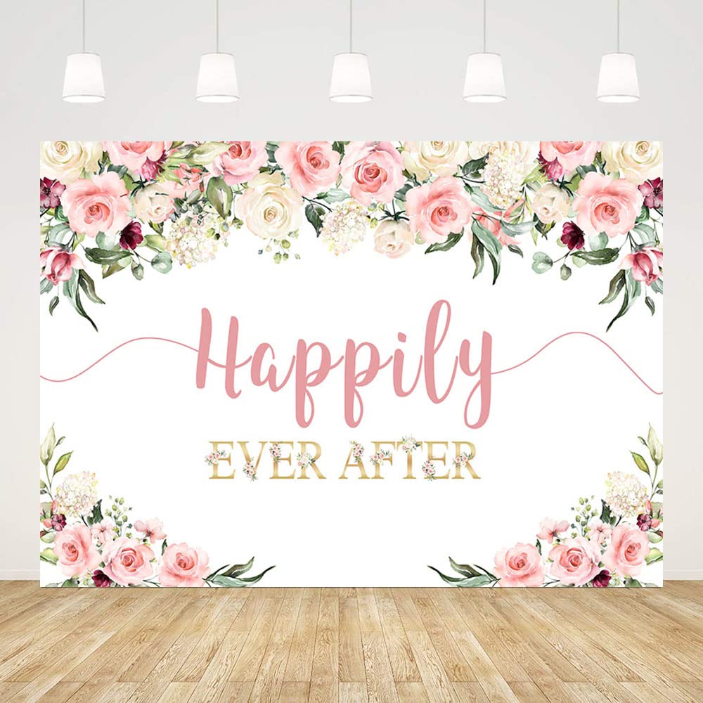 AIBIIN 7x5ft Happily Ever After Backdrop for Wedding Pink Rose Gold Flowers Photography Background Wedding Bridal Shower Party Decorations Banner