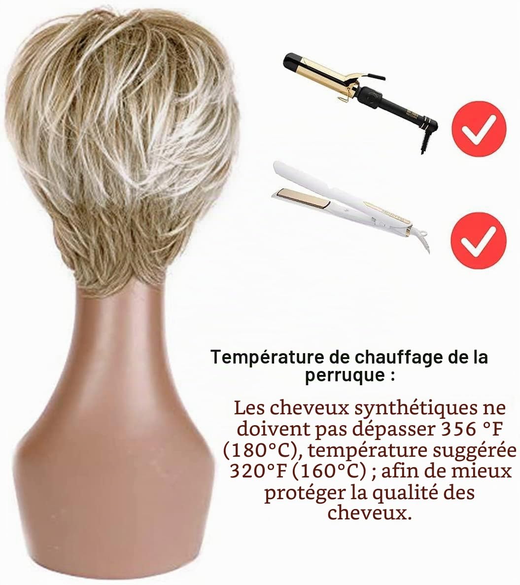 Creamily Perruques blondes courtes pour femme, coupe Pixie avec frange, cheveux synthétiques naturels lisses, perruque courte pour femme, perruque quotidienne, cosplay, fête, blond mélangé marron