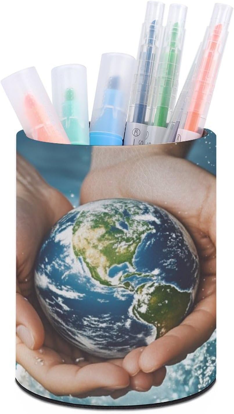 Office Hands Holding The Earth Desk Organizer Pen Holder Round
