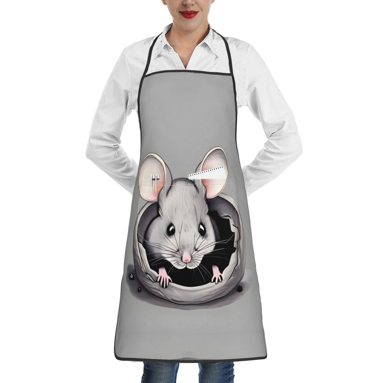 Wzycwb Unisex White Grey Rat A Printed Tie-Back Apron With Pockets Perfect For Cooking Baking And Gardening