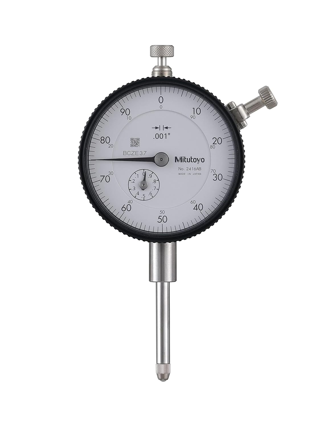 Mitutoyo 2416A Dial Indicator, 0-1" Range, 0.001" Graduation, Stem-Bush Design for Longer Clamping Range, High Dust Resistance, Rigid Bearing Plate for Reduced Tracing Error