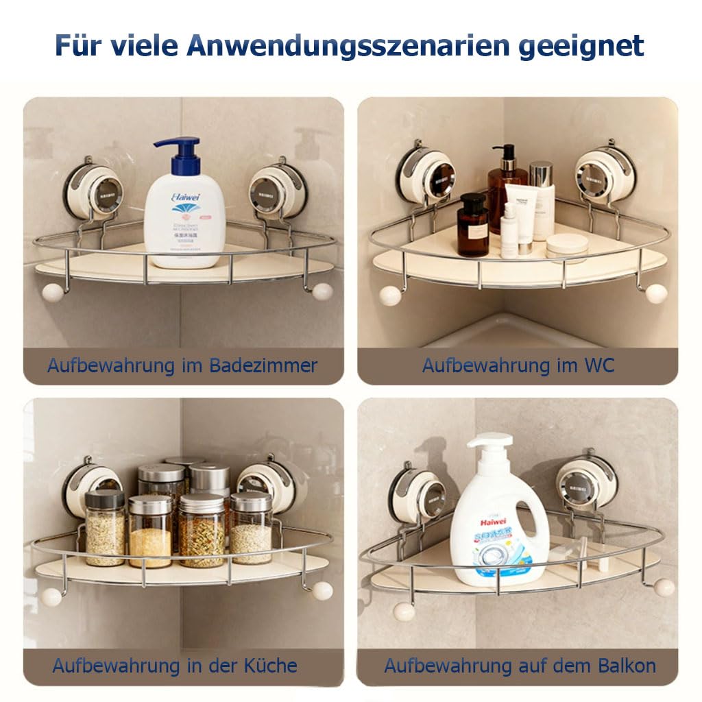 Duschablage Ohne Bohren mit Saugnapf, Eckregal Badezimmer Organizer mit Haken, Wandregal für 90° Ecken, Ablage Bad Shampoo Halterung für Dusche,2etage