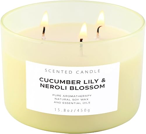 Vela de soja de 3 mechas de 15.8 onzas – Vela perfumada de lirio de pepino y flor de naranja Neroli – Vela de aromaterapia para aliviar el estrés –