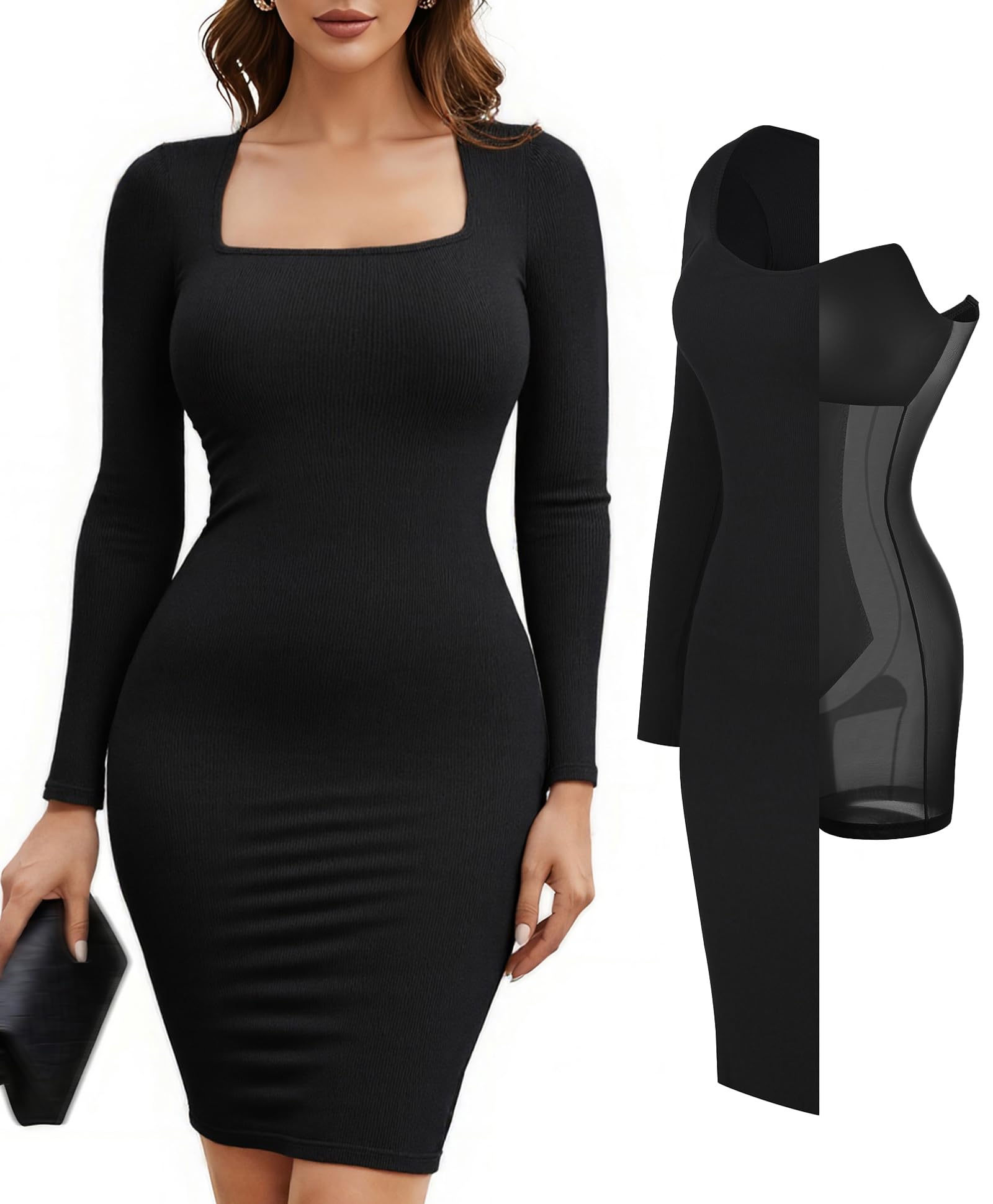 Popilush Shapewear Dress Built-in Bra Bodycon Shaper Dress 9 in 1 Crew Neck Sleeveless Maxi Formal Dresses with Zipper