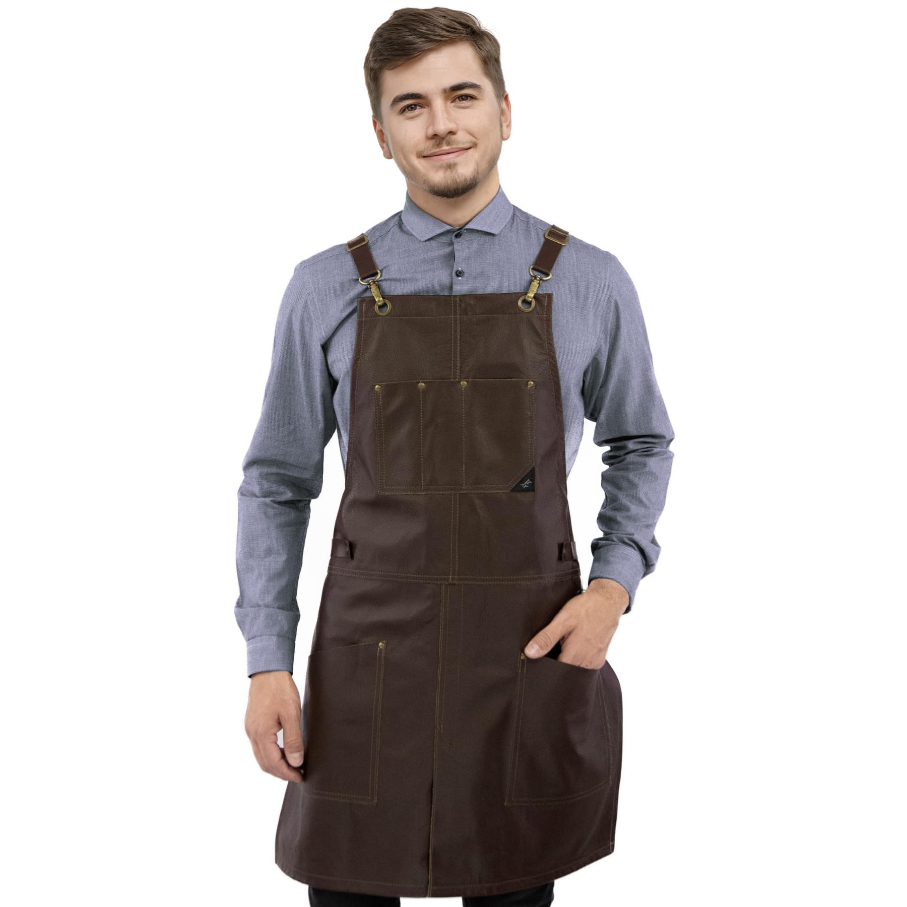 Under NY Sky Delantal de Piel - Mandil de Cuero Genuíno - Correas de Espalda Cruzadas - Forro Interno - Ajustable para Hombres y Mujeres - Chef, Barista, Barbero, Carpintero, Tienda, Barman