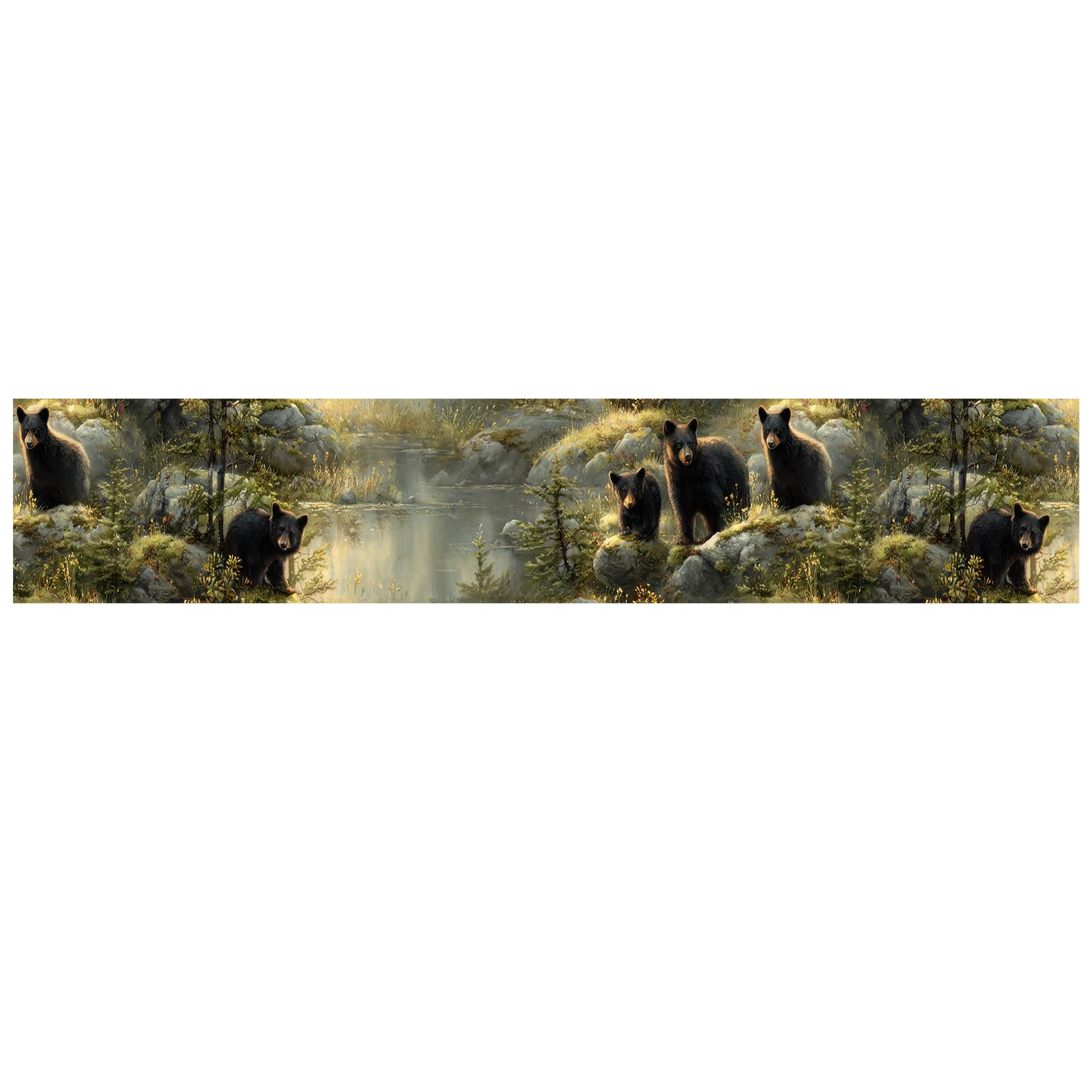 Tapeta z motywem niedźwiedzia, lasu, 400 x 10 cm, usuwalna krawędź ścienna, odklej i przyklej, dzika przyroda, wzór z czarnymi niedźwiedziami, drzewami, rzeką, skałami, do sypialni, łazienki