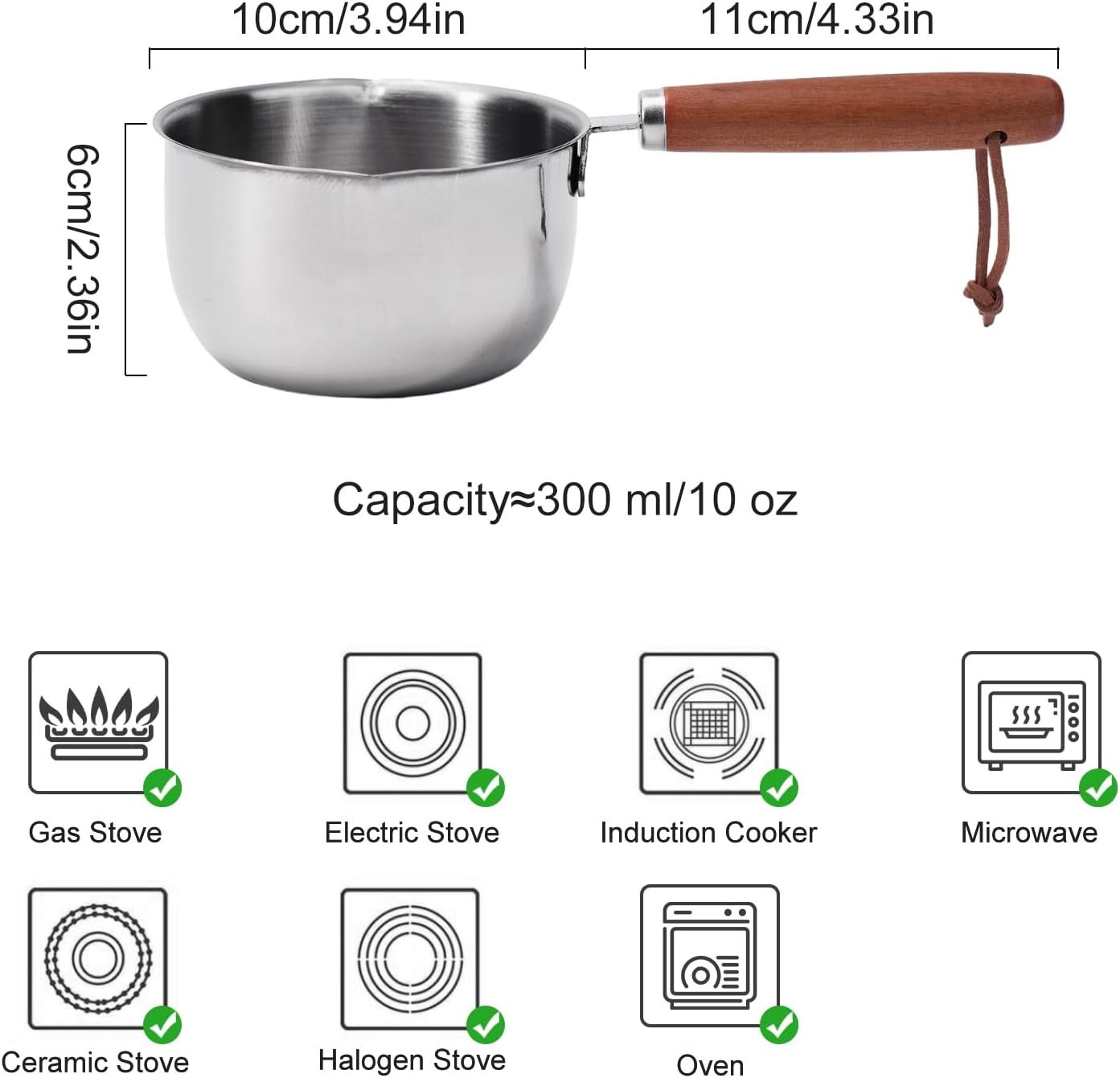 Stainless Steel Butter Melting Pot Hot Oil Pan Multi-Purpose Sauce-Pan for MINI Milk Warmer With Wooden Handle For Induction Gas Electric Stove Heating Gravy Chocolate 150ML 300ML 500ML (300ml)