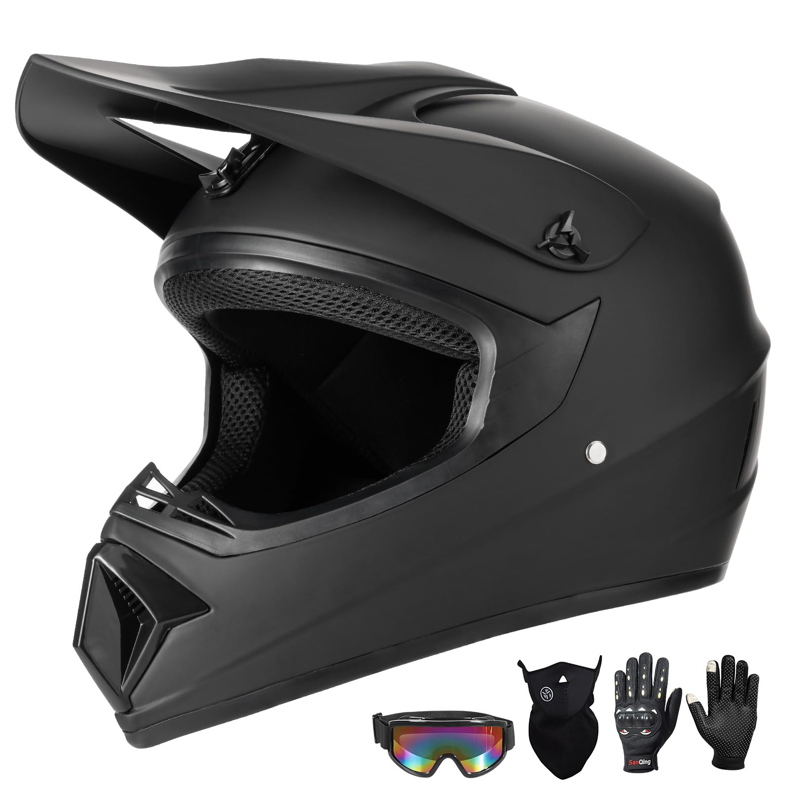 Photo 1 of TIANDU Youth Motorcycle Helmet (Goggles Gloves Face Shield) 4PCS Set, Unisex Dirt Bike Helmets Full Face Helmet, Mountain Bike Motocross Helmets, DOT Approved Helmets (Matte Black, Large)