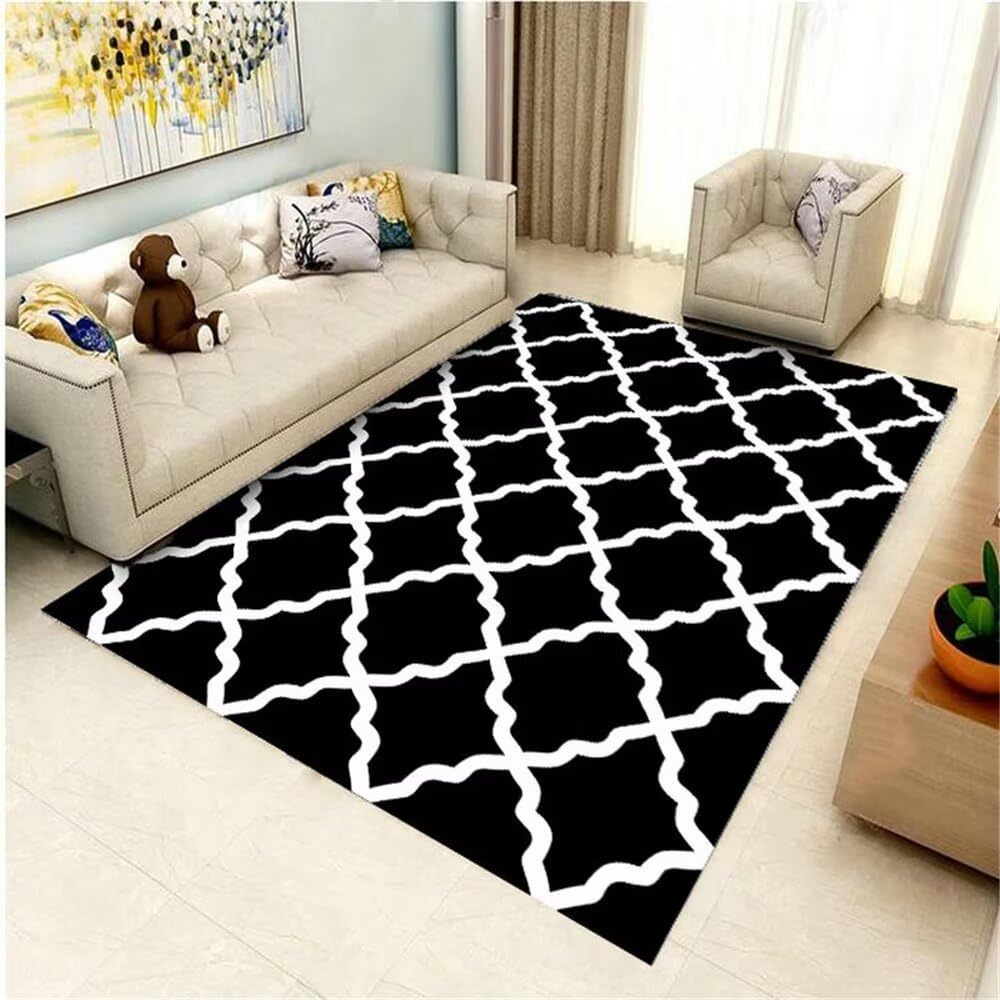 Tapis lavable en machine 120x160 cm noir à motif grille moderne pour salle de restaurant