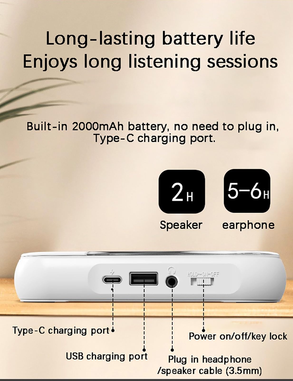 Lettore CD Bluetooth portatile con suono Hi-Fi, lettore musicale compatto ricaricabile per viaggi, casa e auto, riproduce CD, CD-R, RW e MP3, supporta AUX e cuffie