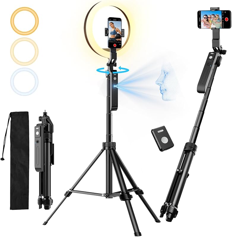 Upgraded Auto Face Tracking Tripod 360° Rotation with Stand, 10" RGB Ring Light Phone Tripod & Selfie Stick with Remote and Gesture Control, No App, Built-in Tracking Camera for Video/Live Streaming
