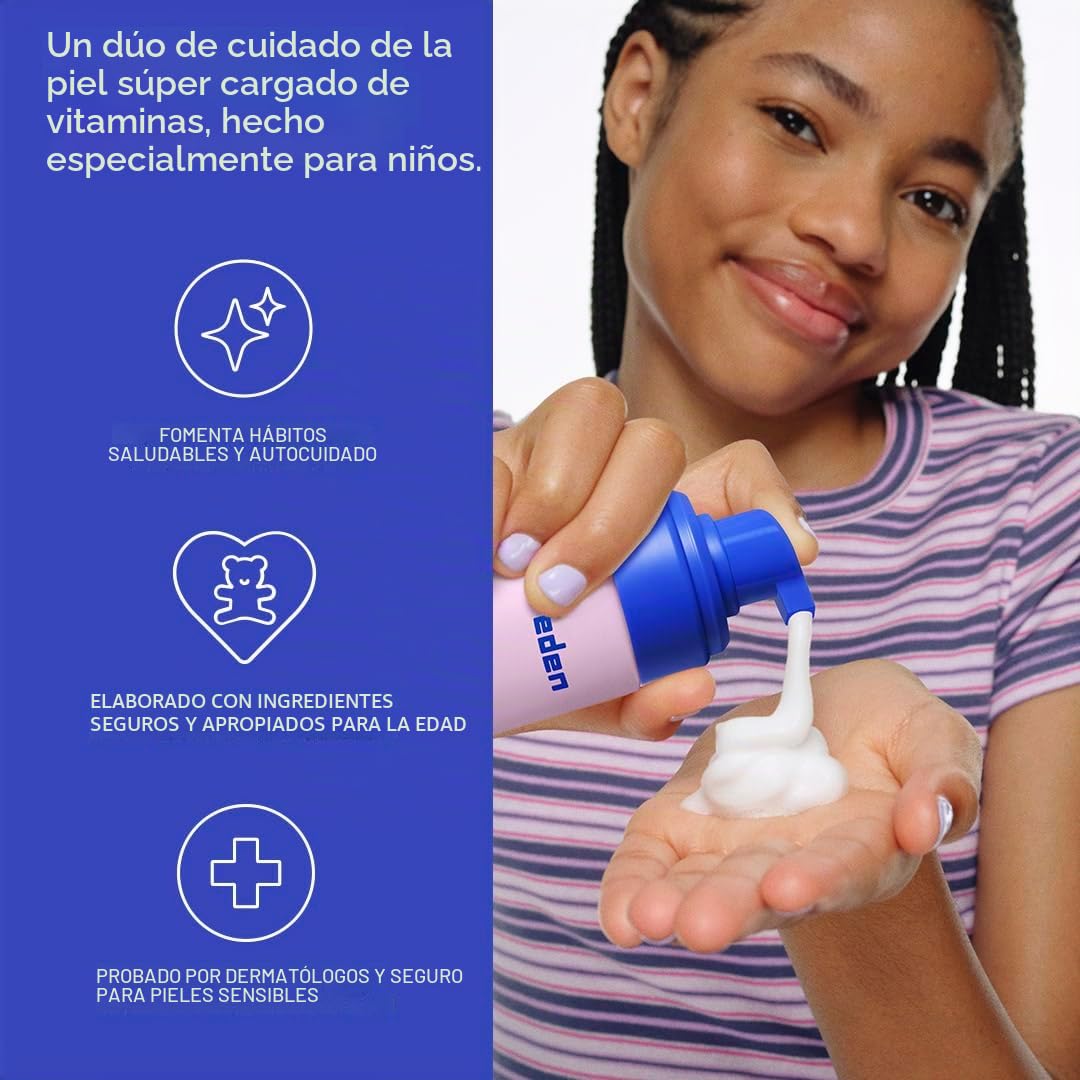 Evereden Kids Happy Face Duo (Cool Peach) - Juego de lavado facial multivitamínico para niños y crema facial para niños - Cuidado de la piel limpio y vegano para niños a partir de 3 años - Juego de