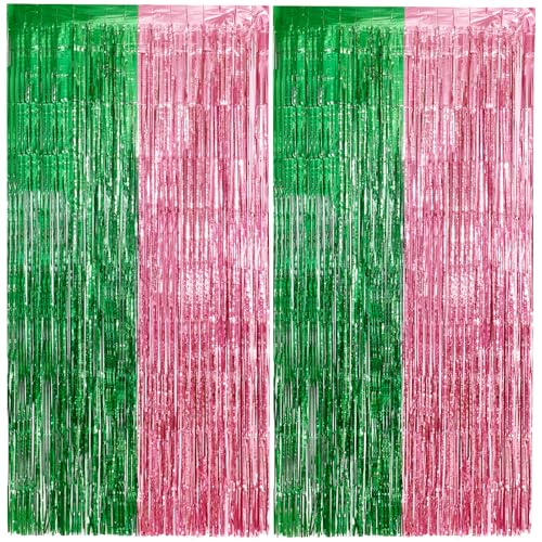 Vagilelf 2 Pack Pink and Green Party Decorations Tinsel Foil Fringe Backdrop 3.3x6.6 Wicked Party & Halloween Streamer Durable Metallic Tassel Create Photo Booth & Entrance